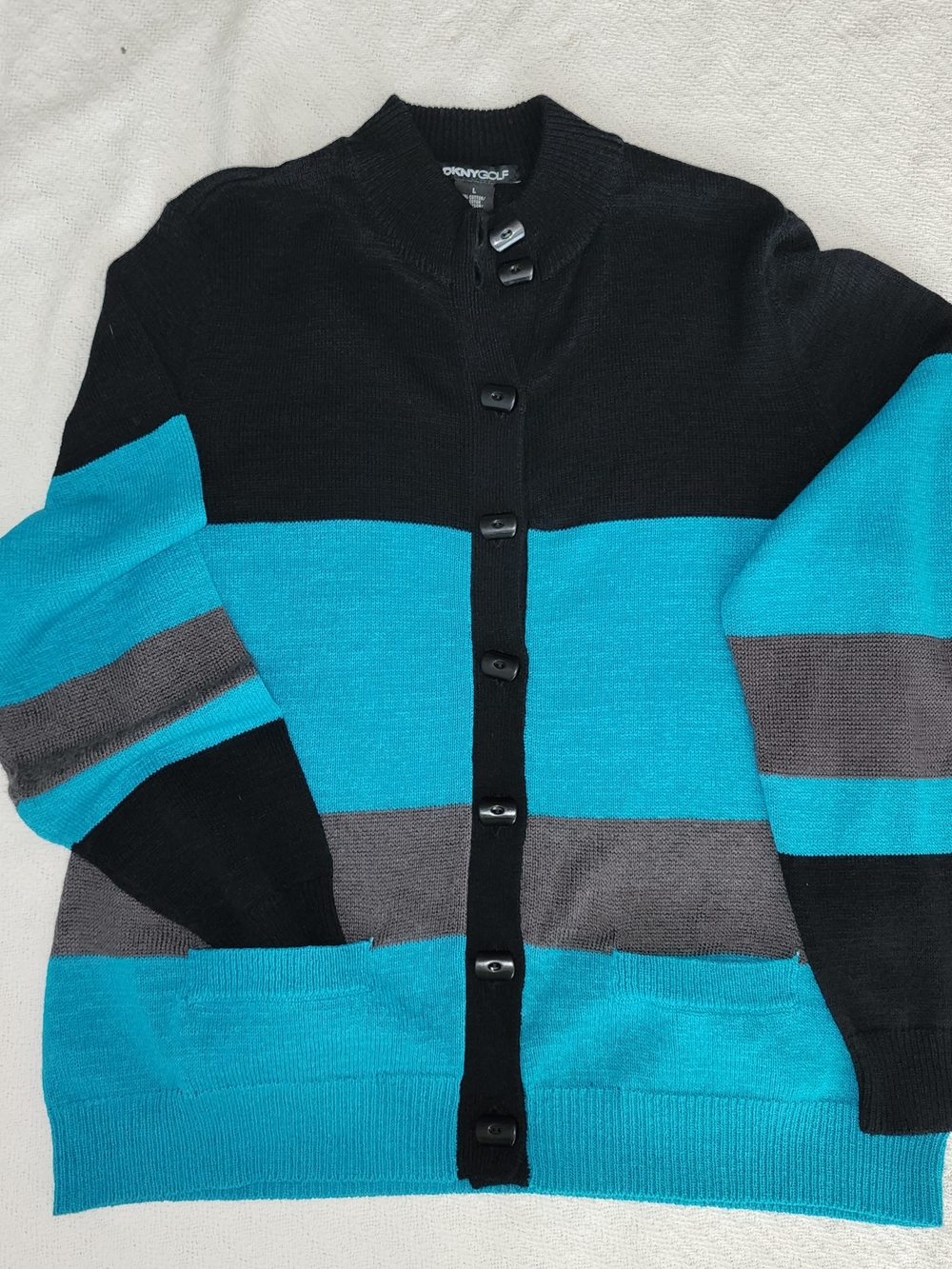 DKNY GOLF Colorblock Button Cardigan - Black, Teal & Gray